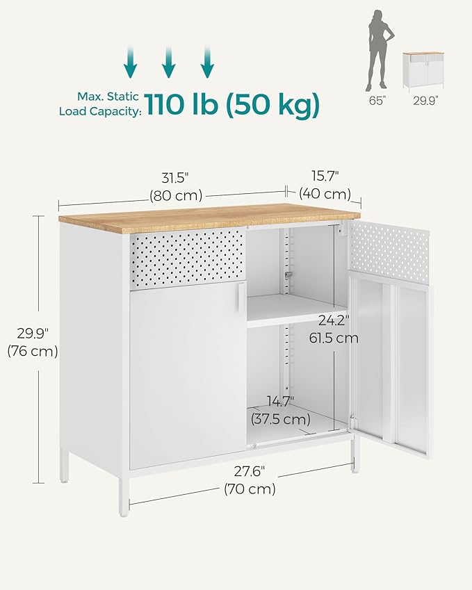 SONGMICS Set of 2 Storage Cabinets, Metal Cabinet, Sideboard with 2 Doors, 15.7 x 31.5 x 29.9 Inches, Magnetic Closure, Adjustable Shelf, Steel Frame, Natural Beige and White ULSC791W01