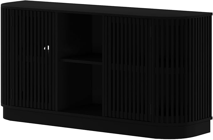 Plank+Beam Contour Wood TV Stand, Two Door Solid Wood Entertainment Console with Storage, 59" L x 16" W x 30" H, Black