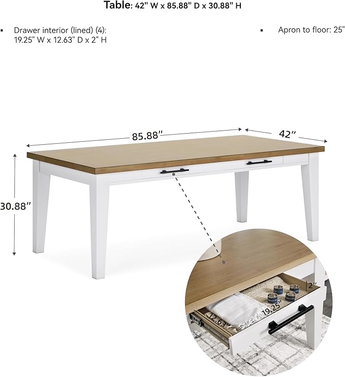 Signature Design by Ashley Ashbryn Casual Dining Table with 4 Felt-Lined Drawers for 8 People, White & Light Brown