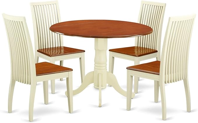 East West Furniture DLIP5-BMK-W 5 Piece Dining Room Table Set Includes a Round Kitchen Table with Dropleaf and 4 Dining Chairs, 42x42 Inch, Buttermilk & Cherry