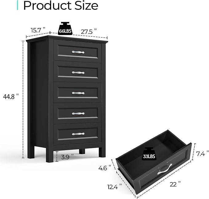 LINSY HOME Tall Dresser for Bedroom with 5 Drawers, 45" Tall Dressers & Chests of Drawers, Modern Farmhouse Large Vertical Dresser with Wood Legs for Bedroom, Closet, Living Room, Hallway, Black
