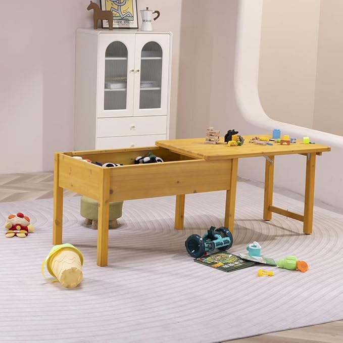 BIRASIL Wooden Kids Sensory Tables with Folding Lid, Activity Table for Children, Elevated Play Tables with Storage for Indoor Outdoor, Yellow