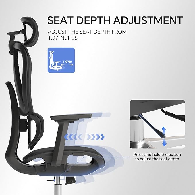 Ergonomic Office Chair with 3D Lumbar Support/Headrest/Armrest/, Mesh Executive Office Chair with Seat Depth & Height Adjustment, Big and Tall Desk Chair with 3-Gear Lock Recline for Long Hours