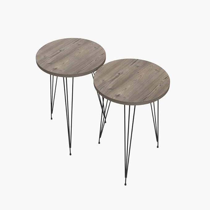 PAK HOME - Set of 2 Pine Wood Grey End Table – Round Wood Sofa Side Coffee Tables for Small Spaces, Nightstand Bedside Table for Bedroom, Living Room, Home Office, Balcony