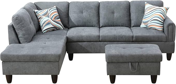 L Shaped Sectional Couch with Otttoman, 97" Sectional Sofa for Living Room Flannel Modular Couches with Cup Holders for Bedroom, Apartments, Grey