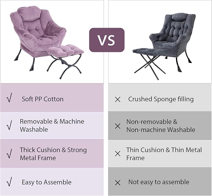 Oversized Chair with Ottoman, Modern Chair with Folding Footrest, Lounge Accent Chair, Comfortable Reading Chair for Bedroom, Study, Living Room, Courtyard (Plush Purple)