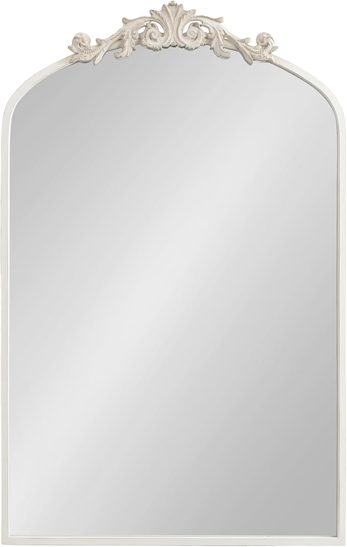 Kate and Laurel Arendahl Traditional Arch Wall Mirror; 24 x 36; Antique White; Vintage Glam Baroque-Inspired Arched Bathroom Vanity Mirror with Ornate Crown
