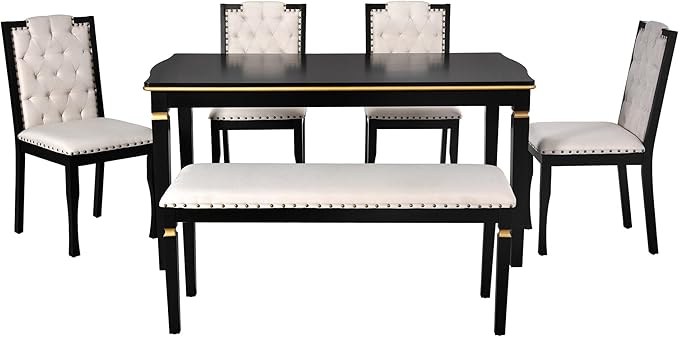 Merax 6-Piece Kitchen Dining Table Set, 62.7" Rectangular with 4 High-Back Tufted Chairs & 1 Bench for Kitchen Room, Black