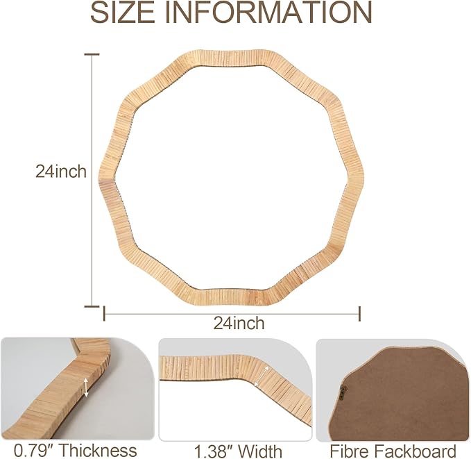 ULIKE Rattan Mirror for Wall, Bathroom 24 Inch Rustic Farmhouse Wall Decor with Handmade Wicker Frame, Boho Woven Mirror for Nursery Bedroom Living Room Entryway