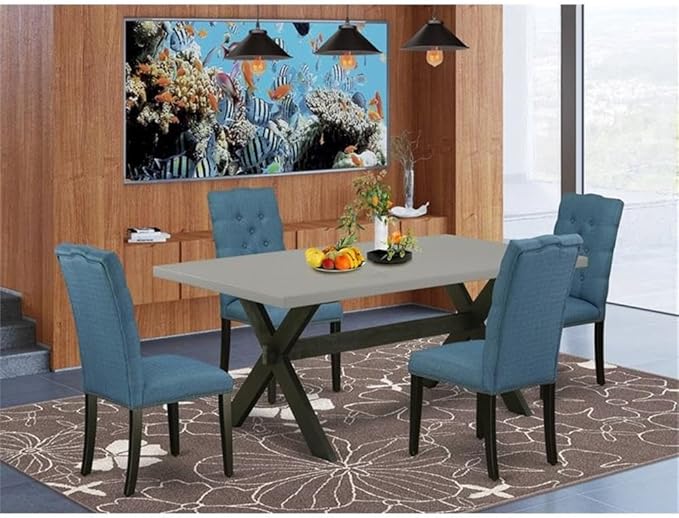 East West Furniture X697EL121-5 5 Piece Dining Room Table Set Includes a Rectangle Kitchen Table with X-Legs and 4 Blue Linen Fabric Parson Dining Chairs, 40x72 Inch, Multi-Color
