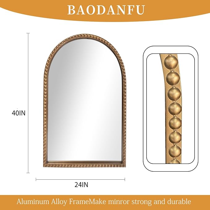 Traditional Wall Mirror Vintage Gold, 24" x 40" Tall Narrow Arch Antique Beaded Frame Decorative Accent Vanity Wall Decor, Arched Vertical Mirrors for Bathroom, Living Room, Entryway