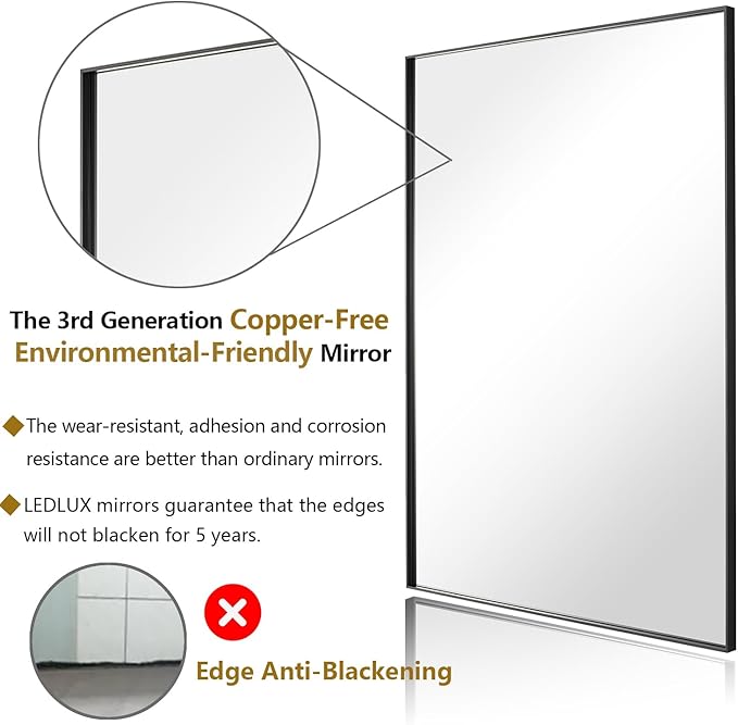 24x40 Inch Black Bathroom Mirror,Copper-Free Mirror, Aluminum Alloy Frame Vanity Mirror, Rectangle Wall Mounted Mirror, Modern Mirror for Bedroom/Living Room/Porch Horizontal or Vertical