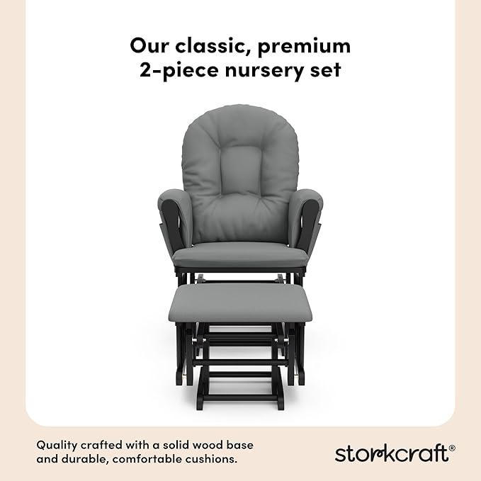 Storkcraft Premium Hoop Glider & Ottoman (Black with Gray) — GREENGUARD Gold Certified, Solid Wood Craftsmanship, Convenient Storage Pockets, Smooth-Gliding Chair for Nursery, Multi-Award-Winning