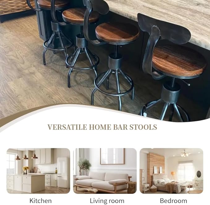 LOKKHAN Set of 2 Rustic Industrial Bar Stool-24-30 Adjustable Metal Swivel Wooden Top Barstools-Counter Height Extra Tall Bar Height-Vintage Farmhouse Kitchen Breakfast Cafe Stool-with Backrest