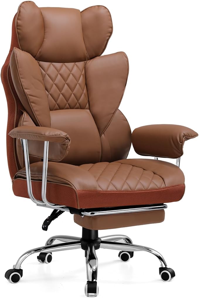 COMHOMA Big and Tall Office Chair, High Back Leather Gaming Chair with Footrest, Executive Ergonomic Office Chairs with Pocket Spring Lumbar Support and with Outward Fixed Soft Armrests