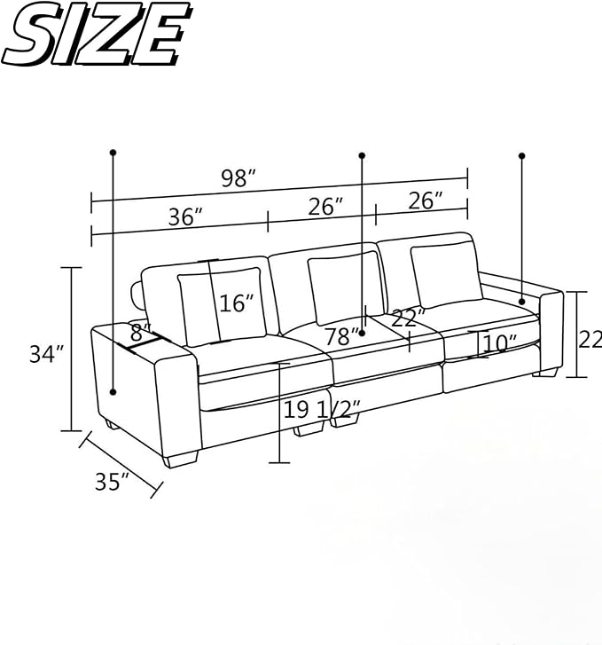 Sectional Couches Sofa for Living Room, 98″ 3 Seater Cloud Couch, Modern Comfy Modular Sectional Sofa with Deep Seats for Bedroom, Small Space, Brown