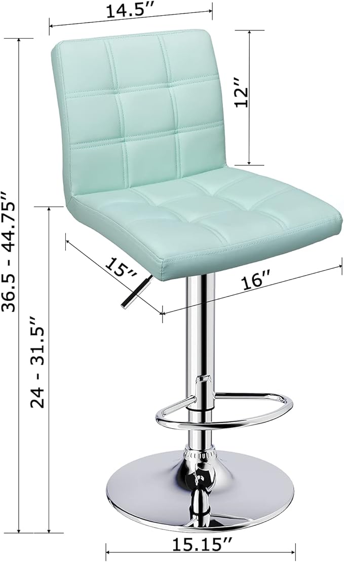 Leopard Modern Square PU Leather Adjustable Bar Stools with Back, Square Back Bar Stools Set of 2,Counter Height Swivel Stool (Mint Green)