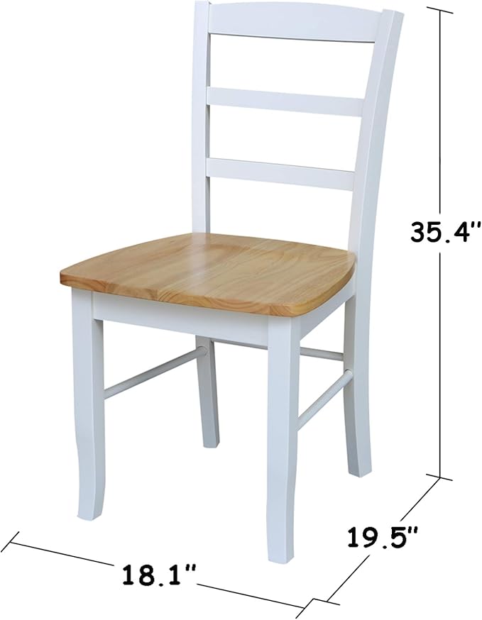 Madrid Ladderback, Set of 2 Dining Chairs , Solid Wood Kitchen/Dining Chairs, Parawood Construction, 18.1"W x 19.3"D x 35.2"H, 225 lb Weight Capacity, Elegant, Durable, White/Natural