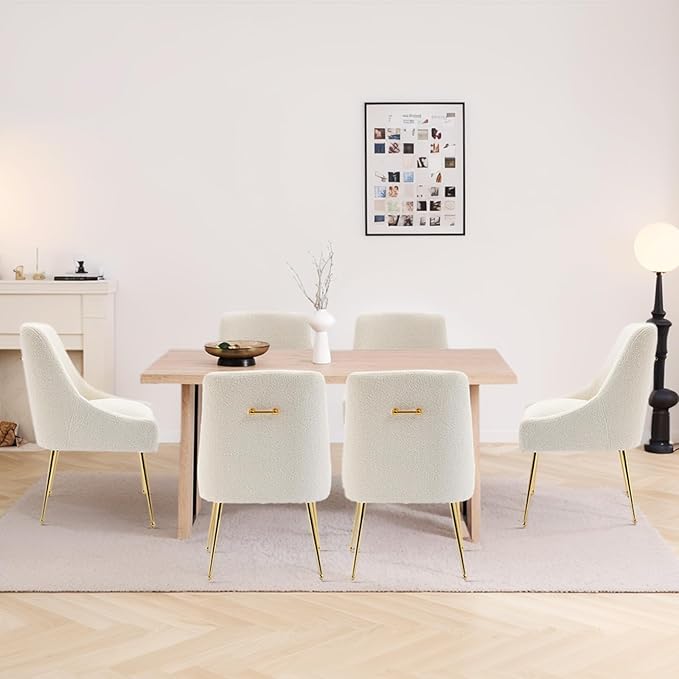 Modern Velvet Dining Chairs Set of 2, Contemporary Upholstered Furniture Collection with Polished Gold Metal Legs, Elegant Accent Chairs for Kitchen Living Room(Teddy Fleece,Beige)