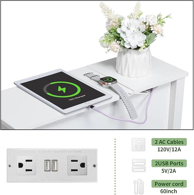 White End Table with Movable Top and Charging Station, Narrow Side Table with Storage Cabinet and USB, Sofa Table for Living Room Bedroom,White Side Table with Charger