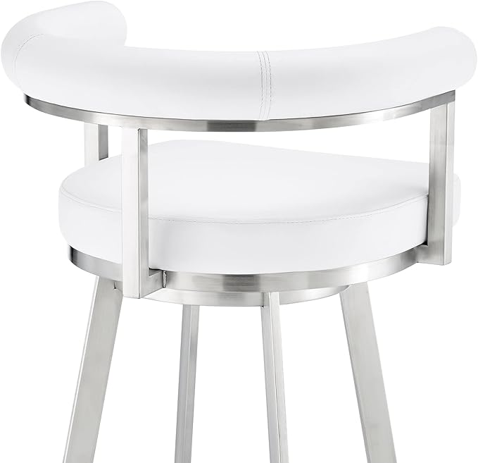 Armen Living Magnolia Swivel Bar Stool in Brushed Stainless Steel with White Faux Leather