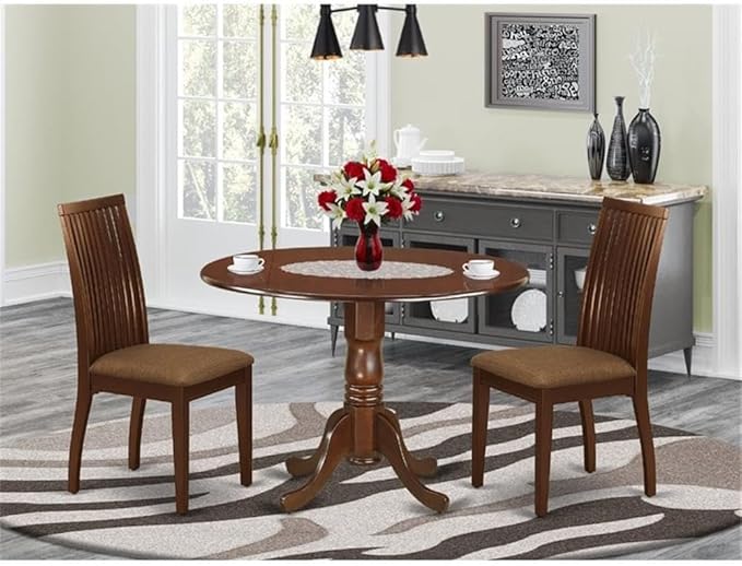 East West Furniture DLIP3-MAH-C 3 Piece Modern Dining Table Set Contains a Round Wooden Table with Dropleaf and 2 Linen Fabric Upholstered Dining Chairs, 42x42 Inch, Mahogany