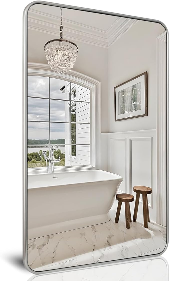 ANDY STAR Brushed Nickel Mirror, Stainless Steel Metal Frame 24x36 Inch Bathroom Mirror for Over Sink, Modern Rounded Corner Slim Silver Vanity Mirror for Wall Mounted Horizontally or Vertically