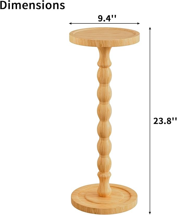Solid Wood Drink Table, Rubber Wood‌ Small Round Side Table for Small Spaces, Martini Tables, Pedestal End Tables for Living Room, Bedroom, Corners, and Office (Natural, 9.4 inch)