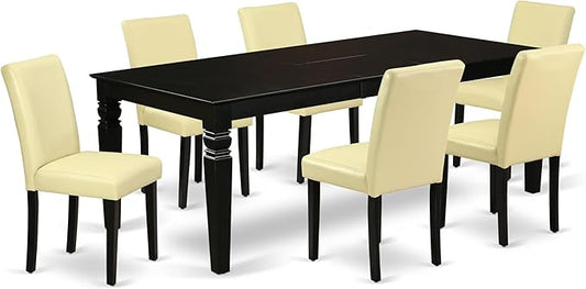 East West Furniture LGAB7-BLK-73 7 Piece Dining Set Consist of a Rectangle Dining Room Table with Butterfly Leaf and 6 Eggnog Faux Leather Upholstered Chairs, 42x84 Inch, Black