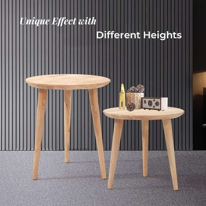 WoodShine Side Table Small Round Solid Wood Sofa End Tables Accent Nesting Coffee Table Natural(H:14.37inch)