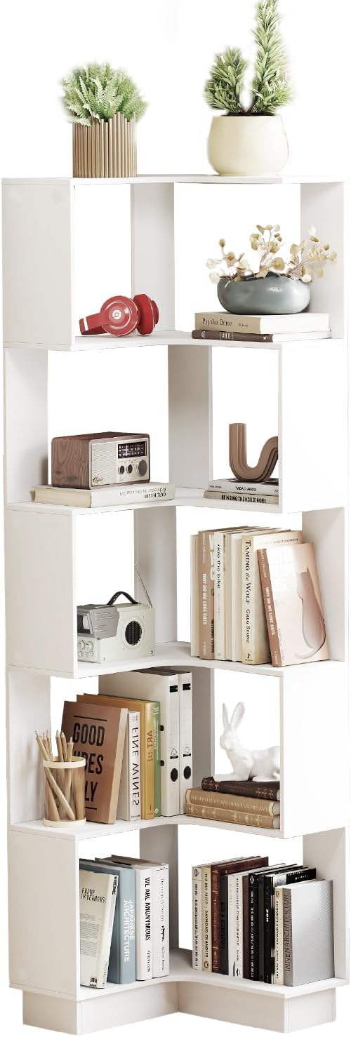 Corner Bookshelf, 68.9" Tall Wooden Corner Bookcase 5 Tiers L-Shaped Storage Freestanding Display Rack Large Open Bookshelf with Fixture for Living Room Bedroom Study Office (White)