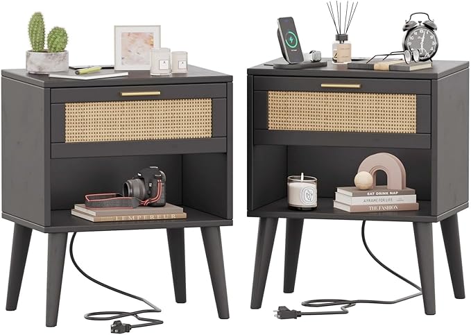Irontar Nightstand Set of 2, Bedroom Night Stand with Charging Station & Rattan Drawer, Boho Style Bed Side Tables with Solid Legs, Accent End Table with Open Storage, Black and Natural BZZ007BME02