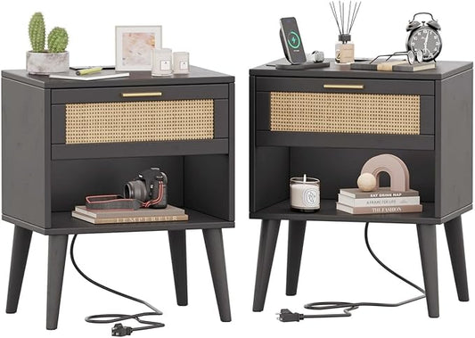 Irontar Nightstand Set of 2, Bedroom Night Stand with Charging Station & Rattan Drawer, Boho Style Bed Side Tables with Solid Legs, Accent End Table with Open Storage, Black and Natural BZZ007BME02