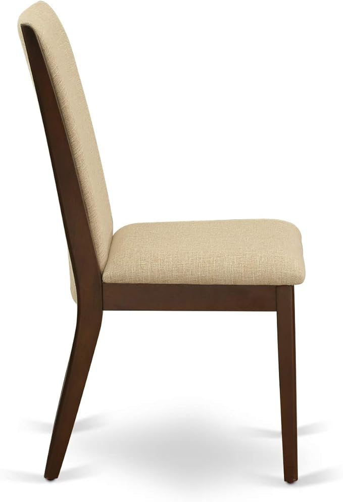East West Furniture ESLA3-MAH-04 3 Piece Kitchen Table & Chairs Set Contains a Round Dining Room Table with Pedestal and 2 Light Tan Linen Fabric Parsons Chairs, 30x30 Inch, Mahogany