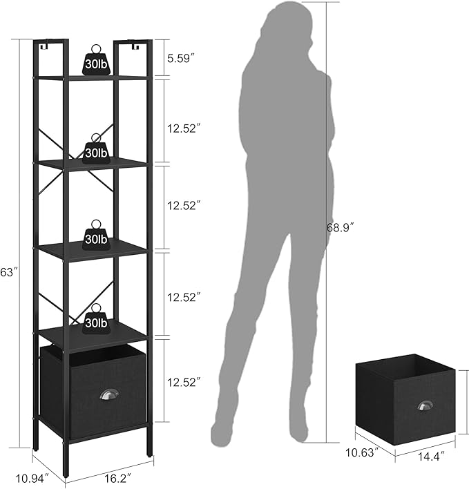 Generic 5 Tier Bookshelves,Tall Narrow Bookcases with Shelves, Bookcase Storage Organizer,Industrial Bookshelf with Drawer,Display Shelves Bookcases for Living Room, Bedroom,Kitchen and Office,Black