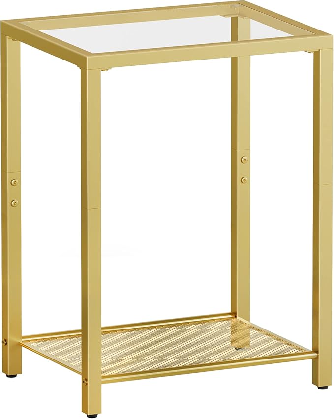 HOOBRO Side Table, 2-Tier End Table, Nightstand for Tight Spaces, Tempered Glass Bedside Table, Modern Metal Frame, for Office, Bedroom, Living Room, Study, Gold GD76BZ01