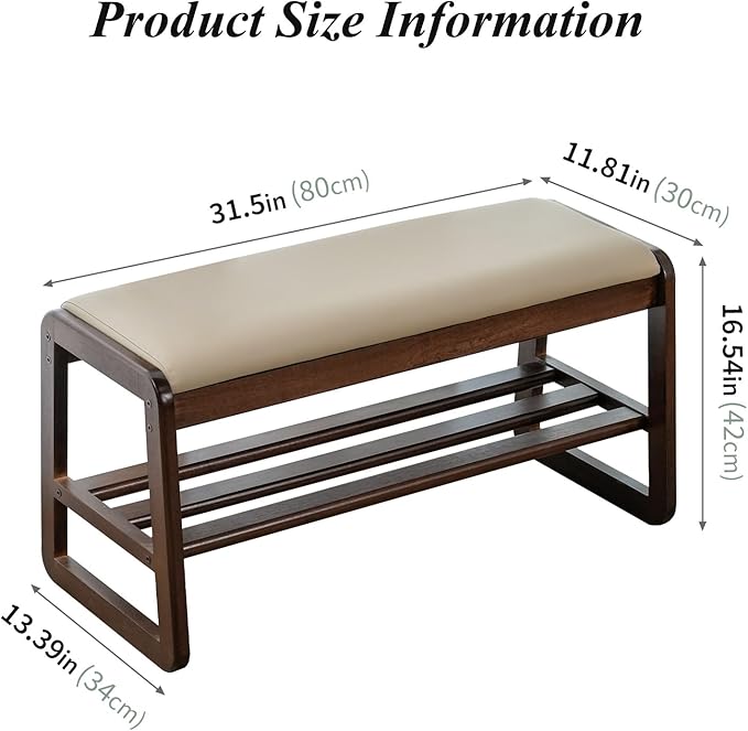 Shoe Bench, Entryway Bench with Leather Cushion, Solid Wood Shoe Rack, Mid Century Modern Bench, Shoe Storage, Shoe Organizer for Entryway (Green, 31.5" W)
