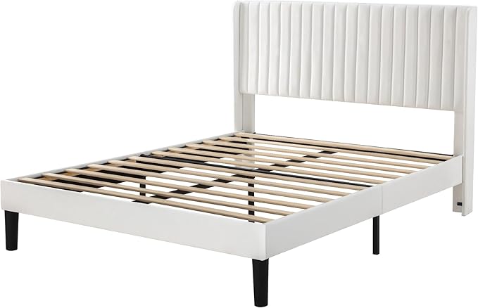 Allewie Queen Size Velvet Bed Frame/Vertical Channel Tufted Wingback Headboard/Upholstered Platform Bed/Strong Wooden Slats/No Box Spring Needed/Easy Assembly/White