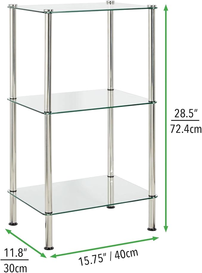 mDesign Metal/Glass 3-Tier Storage Tower, Narrow Shelving Display Unit, Open Glass Shelves; Multi-Use Stand for Living Room, Bathroom, Home Office, Hallway, Bedroom Organization - Chrome/Clear