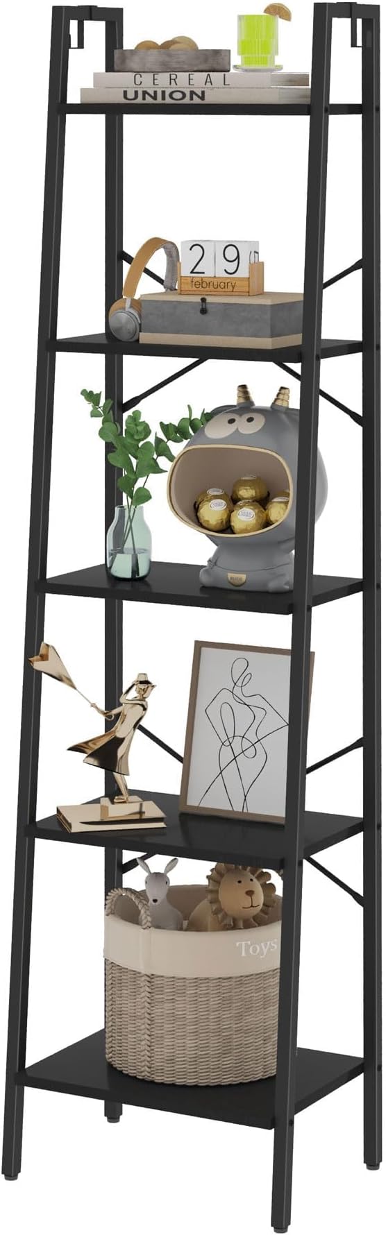 Ladder Shelf, Bookshelf Bookcase, Freestanding Corner Storage Shelve with 2 Hooks for Home Office, Living Room, Kitchen, Bedroom, Industrial, 5-Tier Black BC19204B