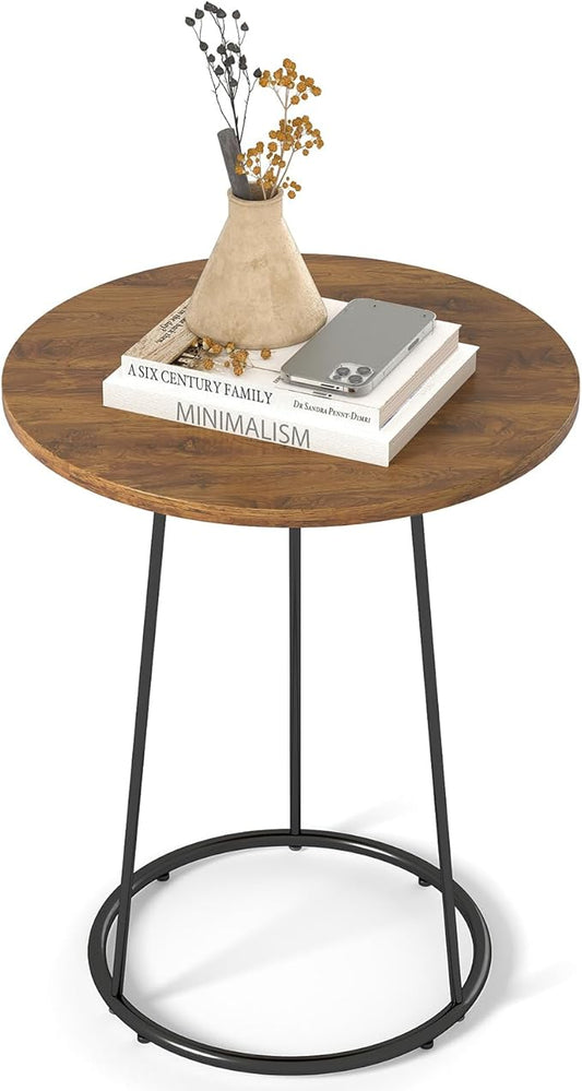 Manora Small Round Side Table, Rustic Brown Wood Accent Table with Metal Frame, Modern Farmhouse Bedside Nightstand for Bedroom and Office, Compact Furniture for Small Spaces