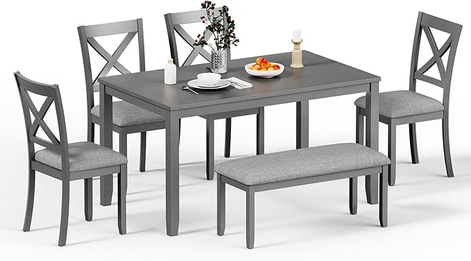 6-Piece Wooden Dining Table Set, Dining Table Set for 6, Including 1 Dining Table, 4 Upholstered Chairs and 1 Bench, Wooden Legs Dining Table, Table Set for Dining Room, Grey
