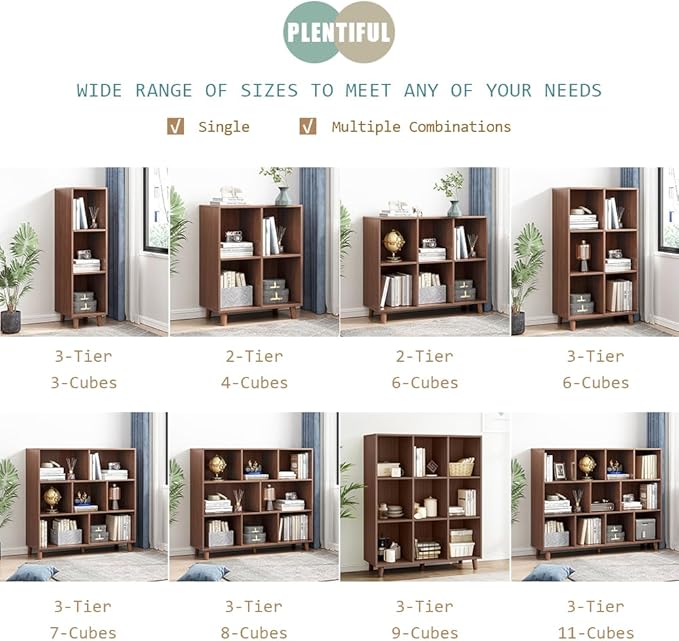 IOTXY Freestanding Open Cubes Bookcase - 2-Tier Floor Standing Wooden Storage Display Cabinet Organizer with Legs for Home Office, 4-Cubes Open Shelf Low Short Bookshelf, Walnut