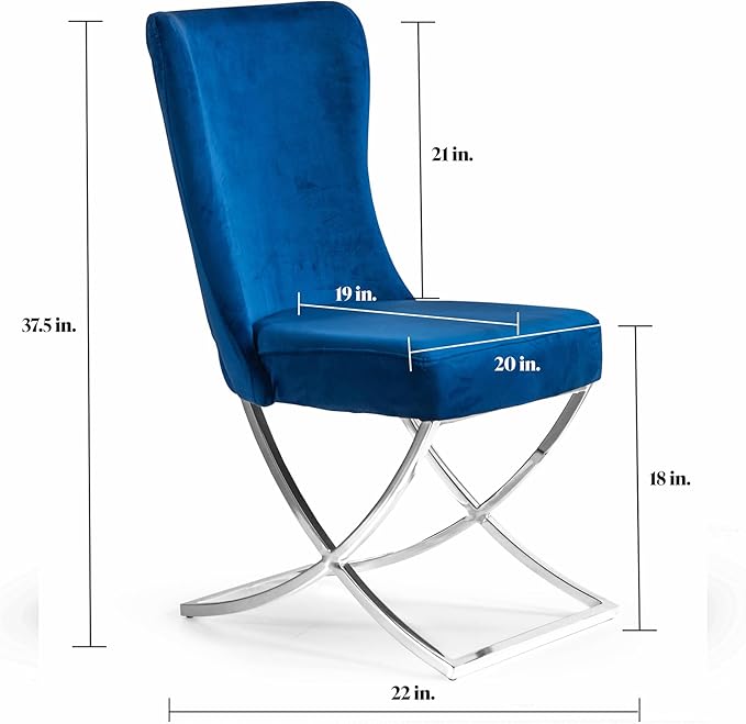 Ottomanson Royal Dining Chairs Set of 4 – Upholstered Tufted Microfiber, Assembled, Silver Metal Legs, Beech Wood Frame, 350 lb Capacity, Blue