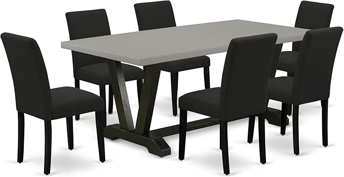 East West Furniture V697AB624-7 7 Piece Modern Dining Table Set Consist of a Rectangle Wooden Table with V-Legs and 6 Black Color Linen Fabric Upholstered Chairs, 40x72 Inch, Multi-Color
