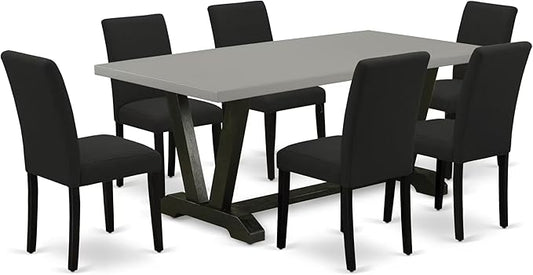 East West Furniture V697AB624-7 7 Piece Modern Dining Table Set Consist of a Rectangle Wooden Table with V-Legs and 6 Black Color Linen Fabric Upholstered Chairs, 40x72 Inch, Multi-Color