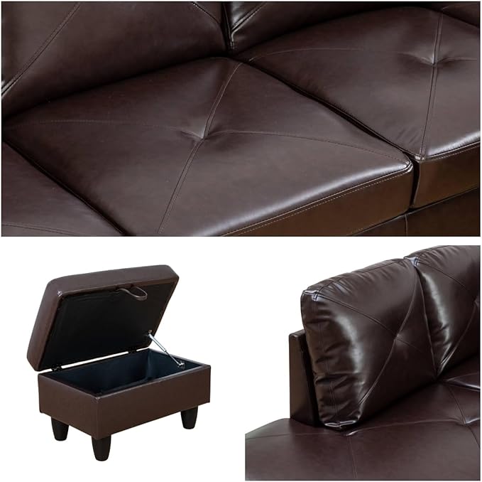 Modular Leather Sectional Couch, L Shaped Couch with Storage, Convertible Sofa with Ottomans, Modern Sectional Sofa for Living Room and Office, 5 Seat, Brown