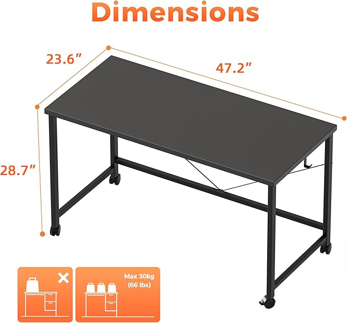 Rolling Computer Desk with Wheels, Gaming Desk for Small Spaces, Modern Simple Style Table for Home Office, Study Writing Table (Caster, Black, 48 inch)