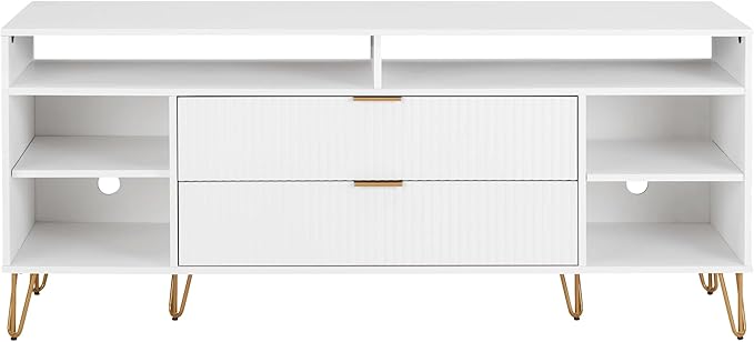 Manhattan Comfort Dumbo Mid Century Modern TV Stand for Televisions up to 60 Inches, Home Entertainment Center with Storage, 6 Shelves, 2 Drawers, No Tool Assembly, 63" Wide, White