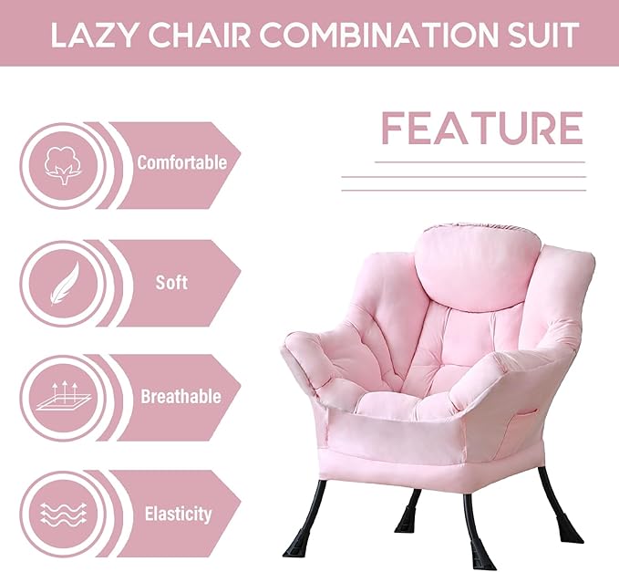 LITA Lazy Chair with Ottoman, Modern Accent Leisure Upholstered Sofa, Contemporary Lounge Reading Chair with Armrests and a Side Pocket for Living Room, Bedroom & Small Space, Single Pink